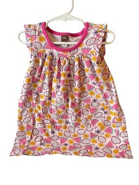Tea Collection Pink Fruit Print Ruffle Sleeve Dress